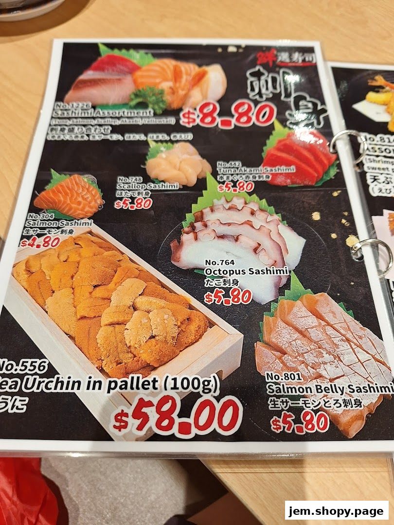 A menu page showcasing various sashimi and sushi items with prices.