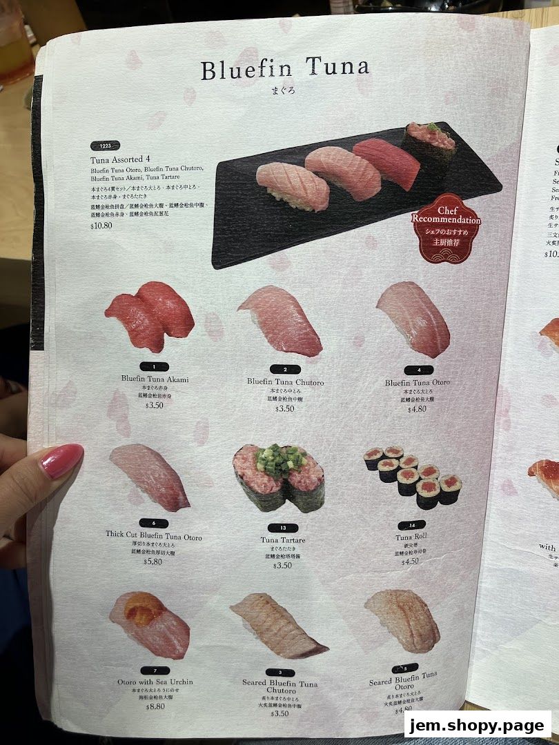 A menu page showcasing various Bluefin Tuna sushi and roll options with prices.