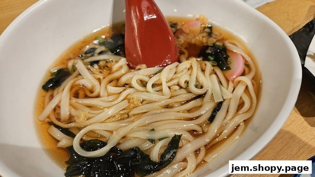 A close-up shot of a steaming bowl of udon noodles with broth, seaweed, and fish cake.