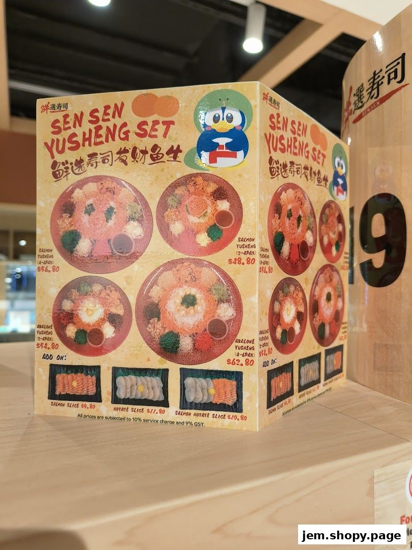 A display showcasing Sen Sen Sushi's Yusheng Sets and add-on sushi slices with prices.
