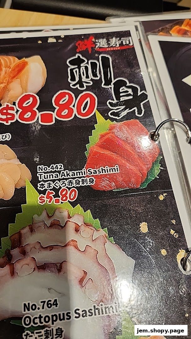 A menu page from Sen Sen Sushi featuring Tuna Akami Sashimi and Octopus Sashimi.
