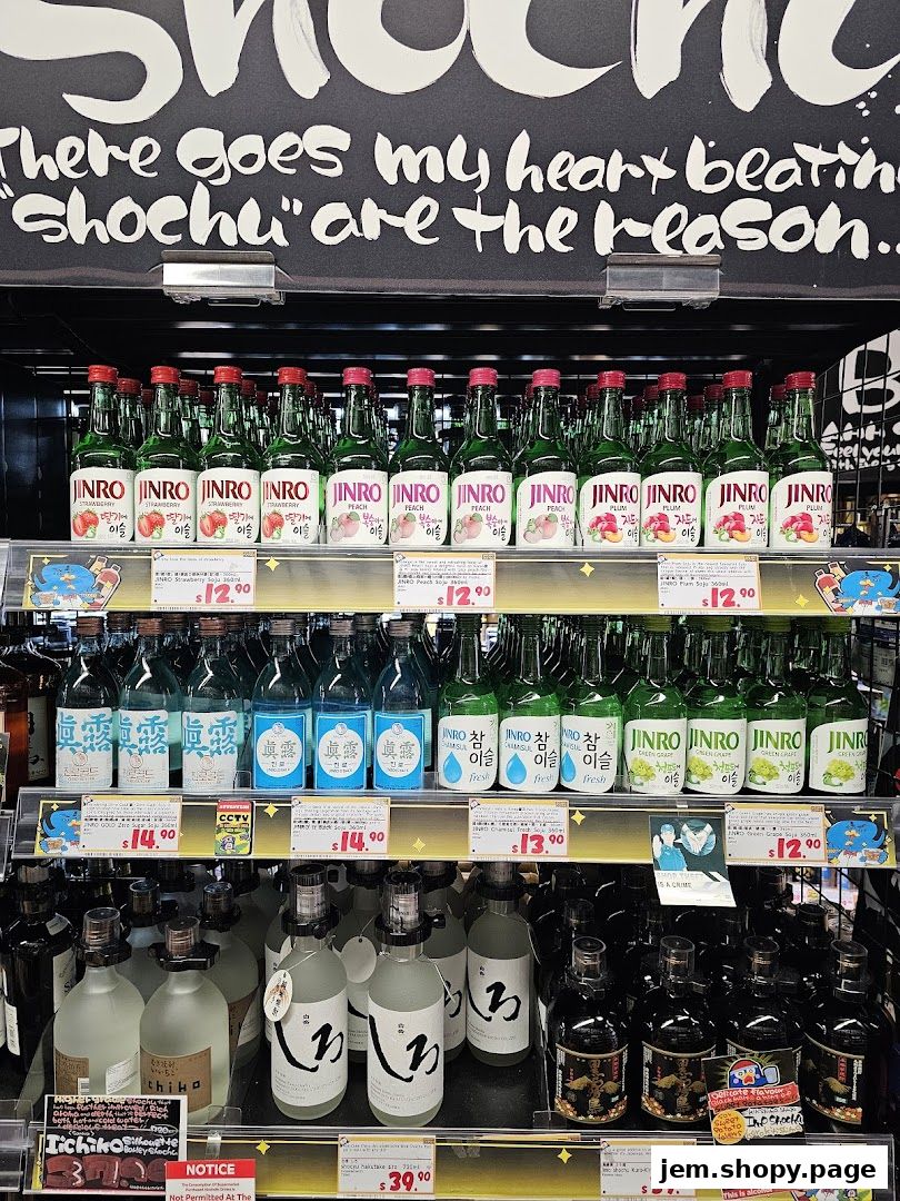 Shelves stocked with various bottles of Jinro soju and other spirits.