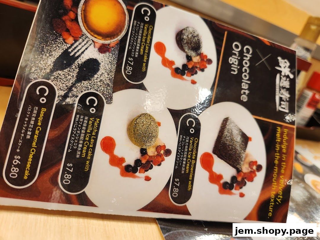 A menu showcasing three dessert options with prices and descriptions.