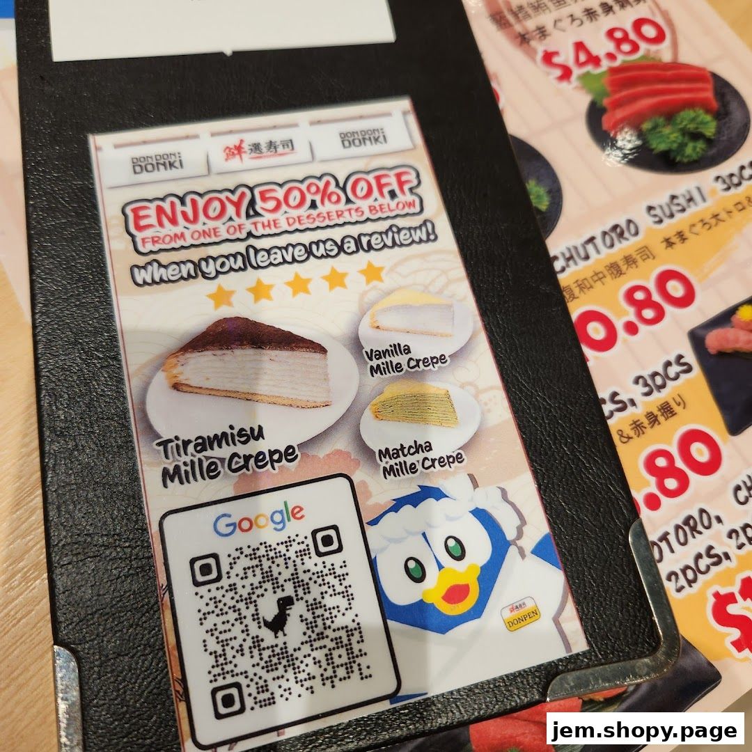 A menu offering 50% off desserts with a review and sushi options.