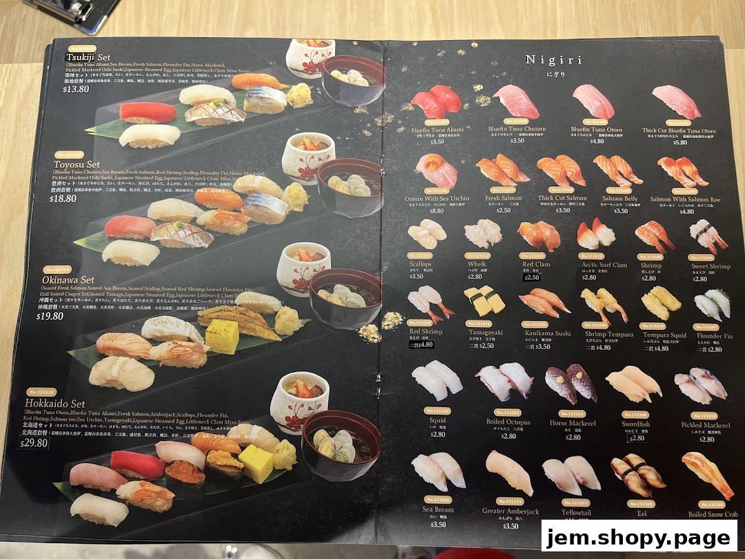 A menu displaying various sushi sets and nigiri options with prices.