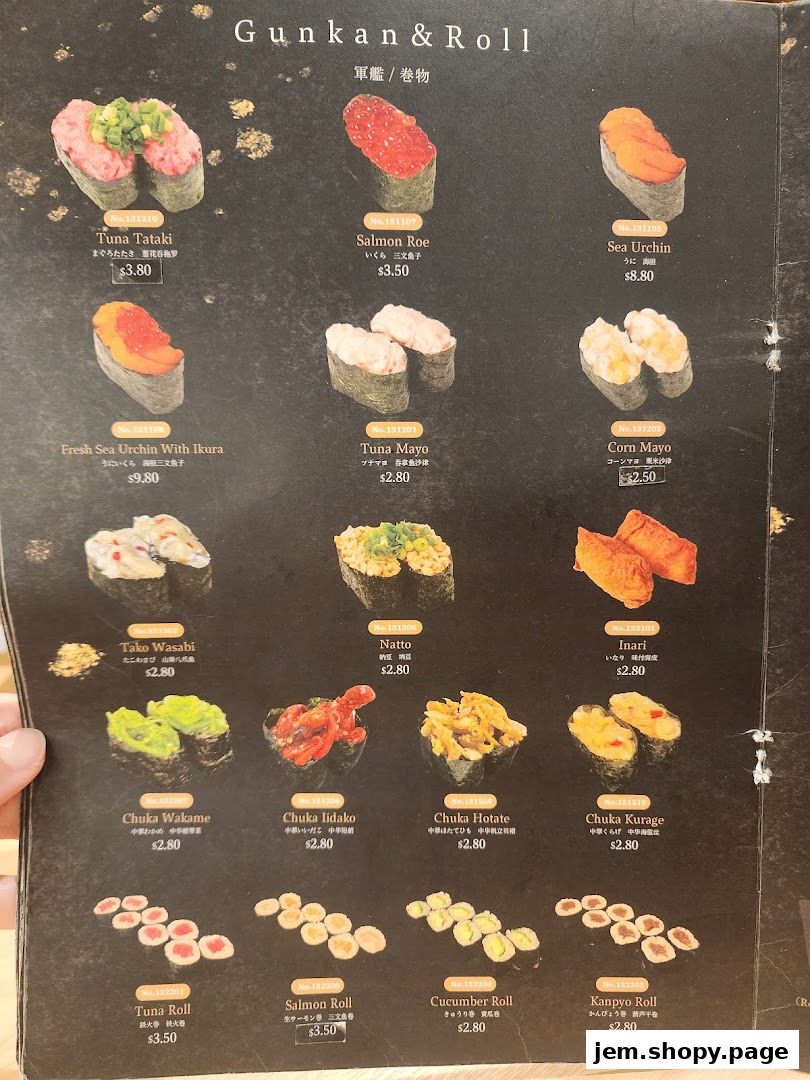 A menu showcasing various types of sushi rolls and gunkan.