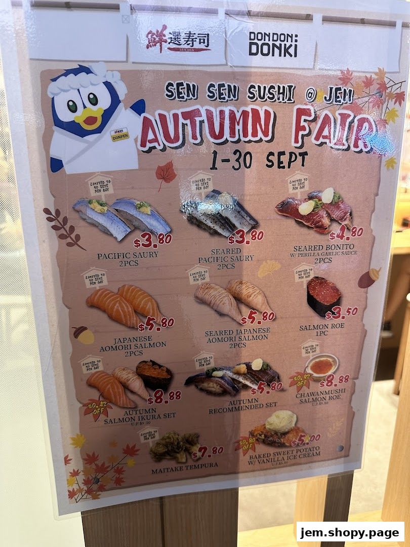 A menu board for Sen Sen Sushi's Autumn Fair featuring various sushi and dessert items.
