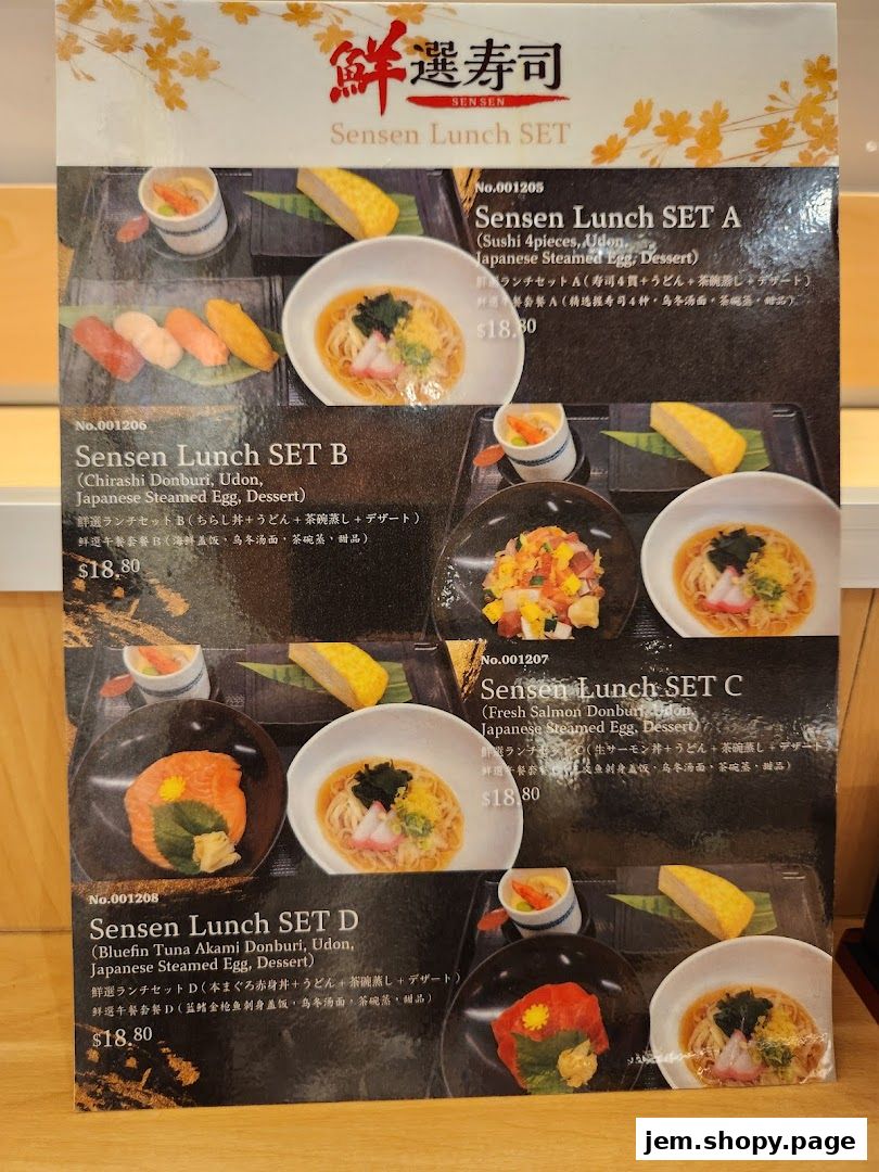 A menu displaying various Sensen Lunch Sets with sushi, donburi, udon, and dessert.