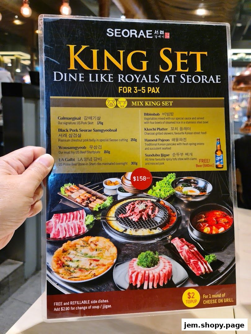 A menu for SEORAE's King Set, featuring Korean BBQ dishes for 3-5 people.