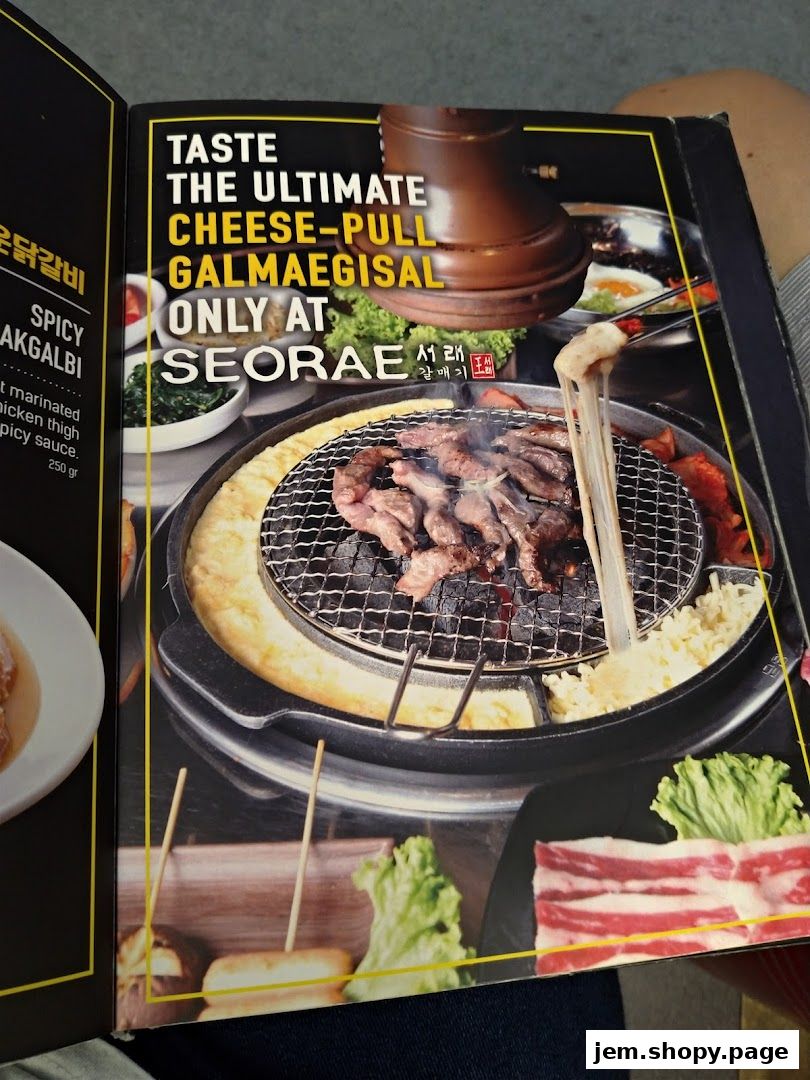 A menu page showcasing a cheese-pull galmaegisal dish at Seorae.