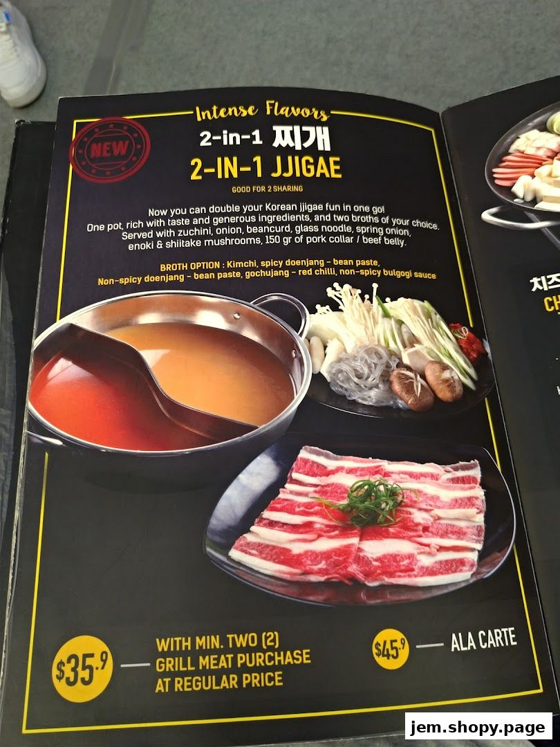 A menu page showcasing a 2-in-1 Jjigae with broth options and meat.