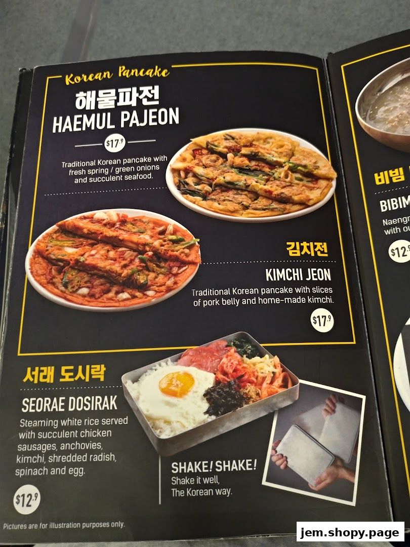 A menu page showcasing Korean pancakes and a rice bento box with prices.