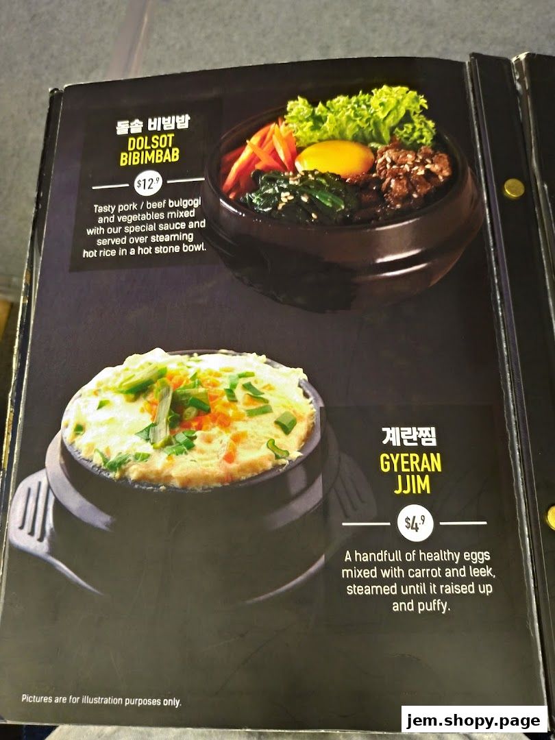 A menu page showcasing two Korean dishes: Dolsot Bibimbab and Gyran Jjim.