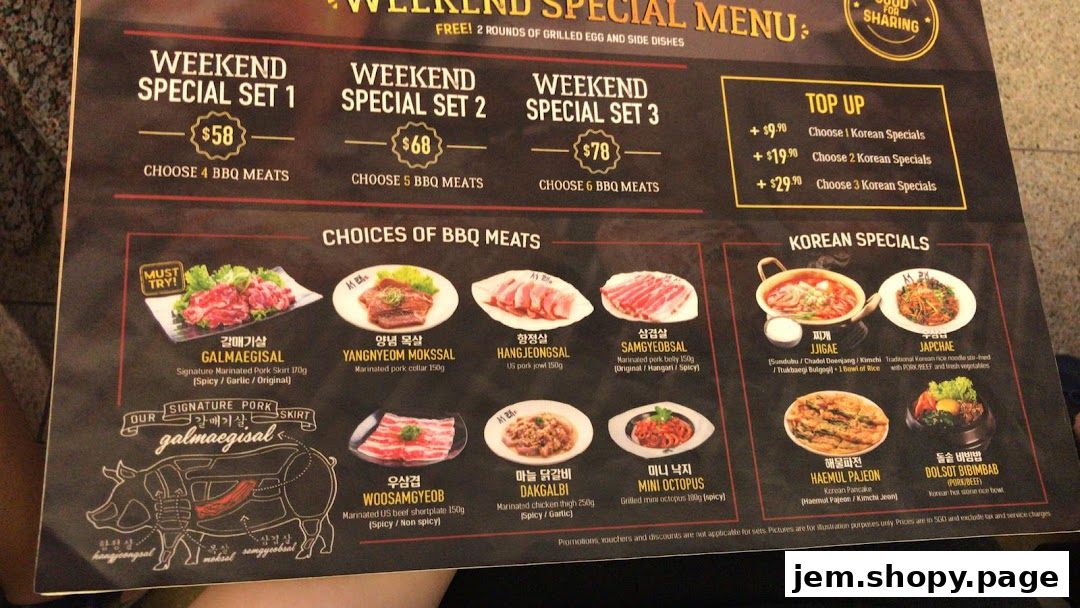 A menu for SEORAE JIB JEM featuring weekend specials, BBQ meats, and Korean specials.