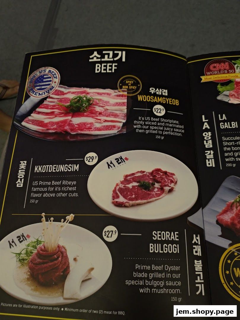 A menu page showcasing various beef dishes with prices and descriptions.