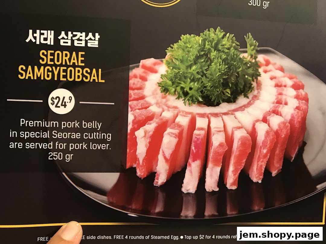 A close-up of a premium pork belly dish with special cutting, priced at $24.9.