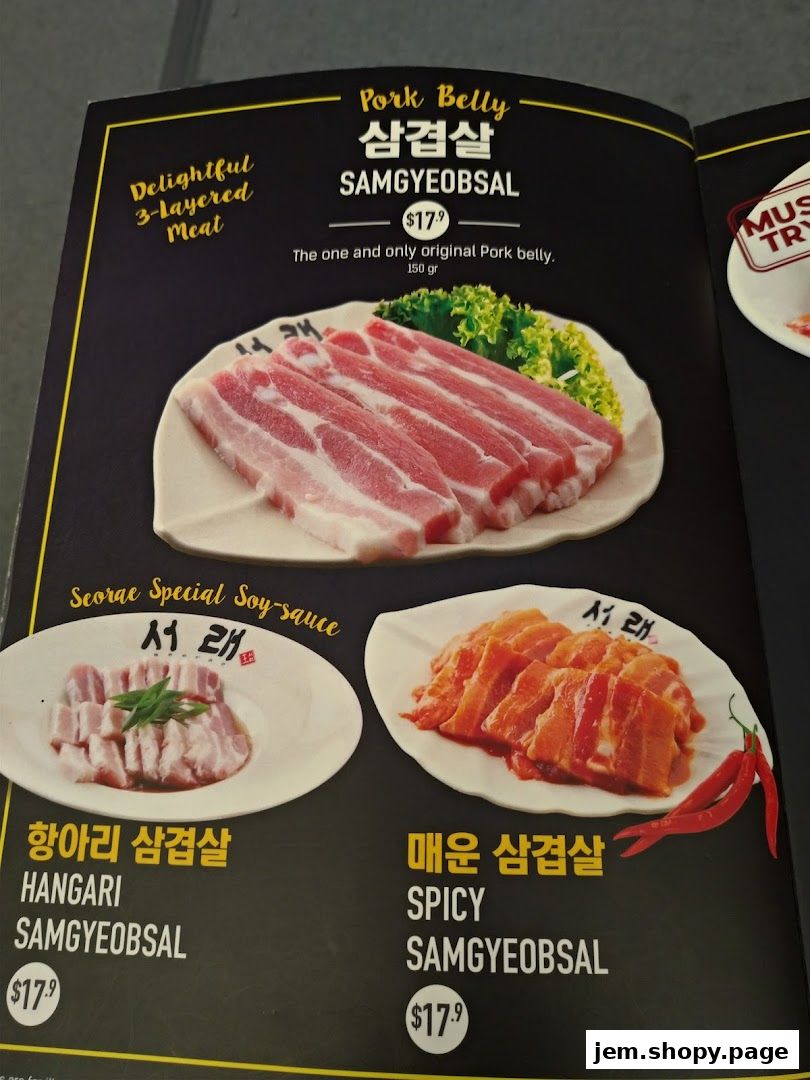 A menu page showcasing various pork belly dishes with prices and descriptions.