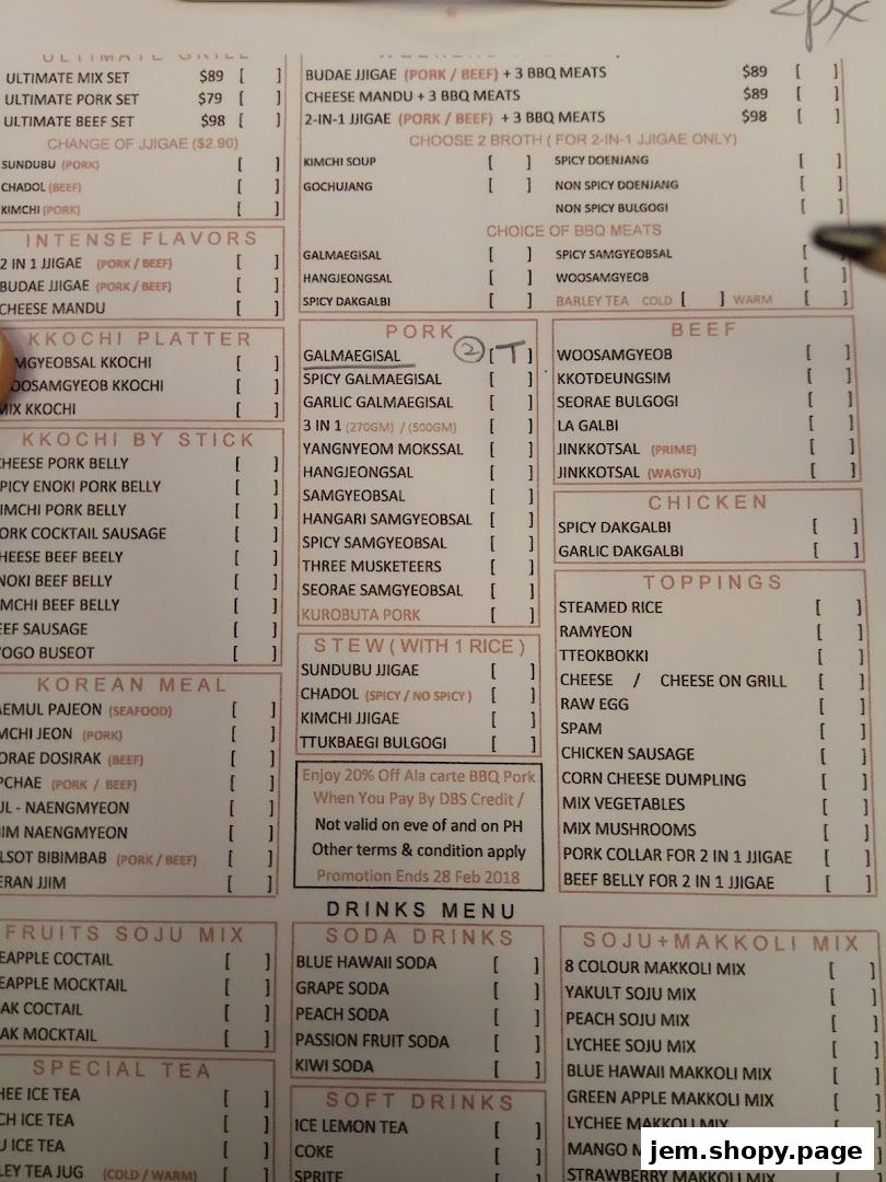 A menu for a Korean restaurant with various dishes, drinks, and promotions.