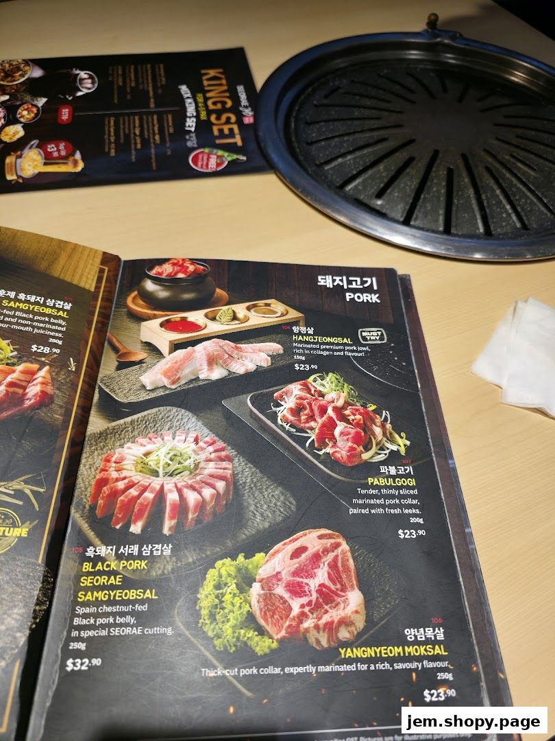 A menu from SEORAE JIB JEM featuring various pork dishes and a king set.
