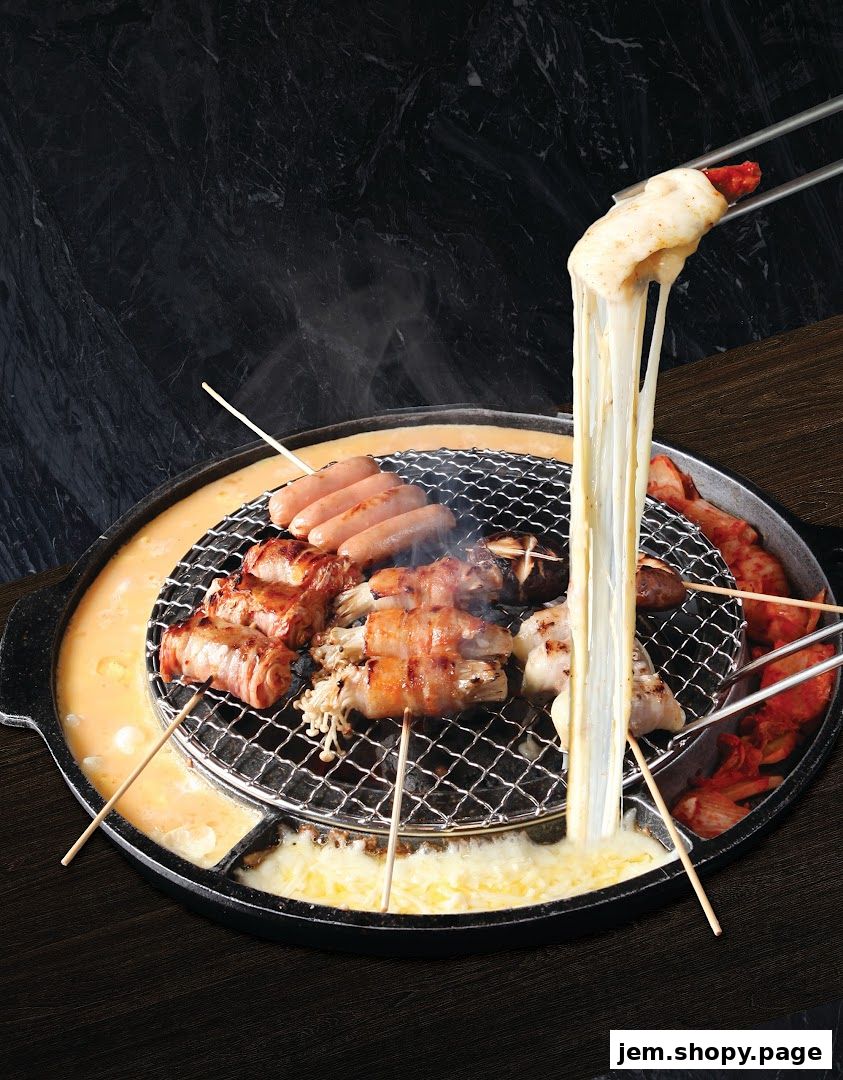A delicious Korean BBQ platter with grilled meats, sausages, and cheese fondue.