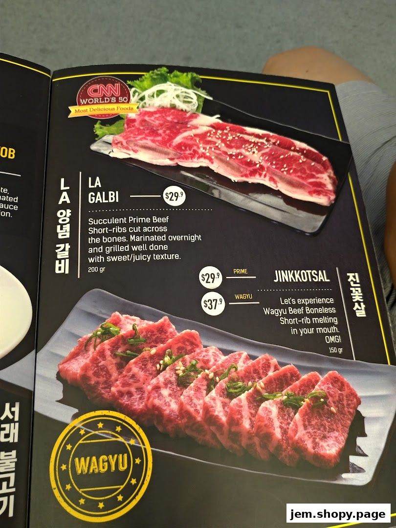 A menu page showcasing premium cuts of beef, including LA Galbi and Jinkkotsal.