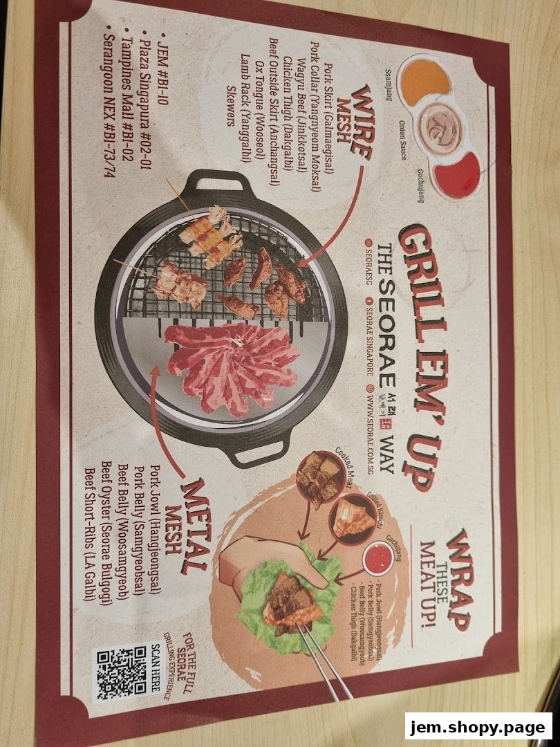 A menu for SEORAE JIB JEM showcasing grilled meats and how to wrap them.