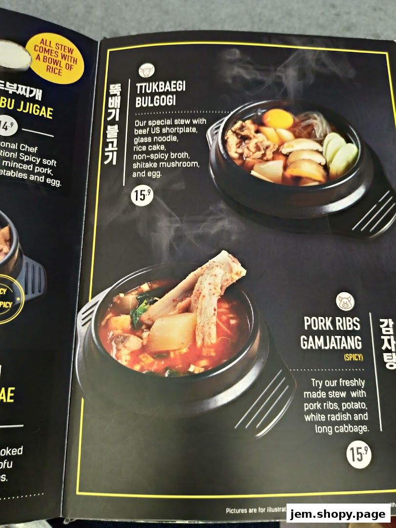 A menu page from SEORAE JIB JEM featuring Korean stews like Ttukbaegi Bulgogi and Pork Ribs Gamjatang.