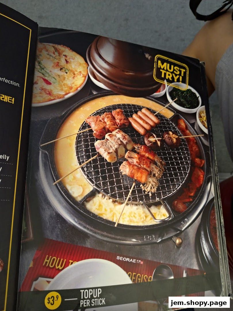 A menu page showcasing Korean BBQ with grilled meats, sausages, and melted cheese.