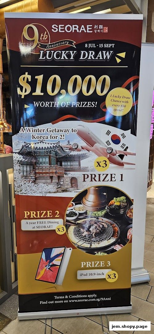 A promotional banner for SEORAE's 9th Anniversary Lucky Draw with prizes including a trip to Korea, free dining, and iPads.