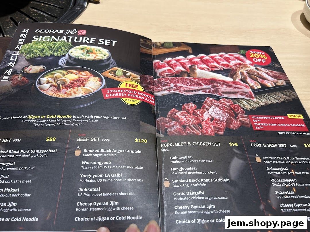 A menu from SEORAE JIB JEM featuring signature sets and BBQ options.