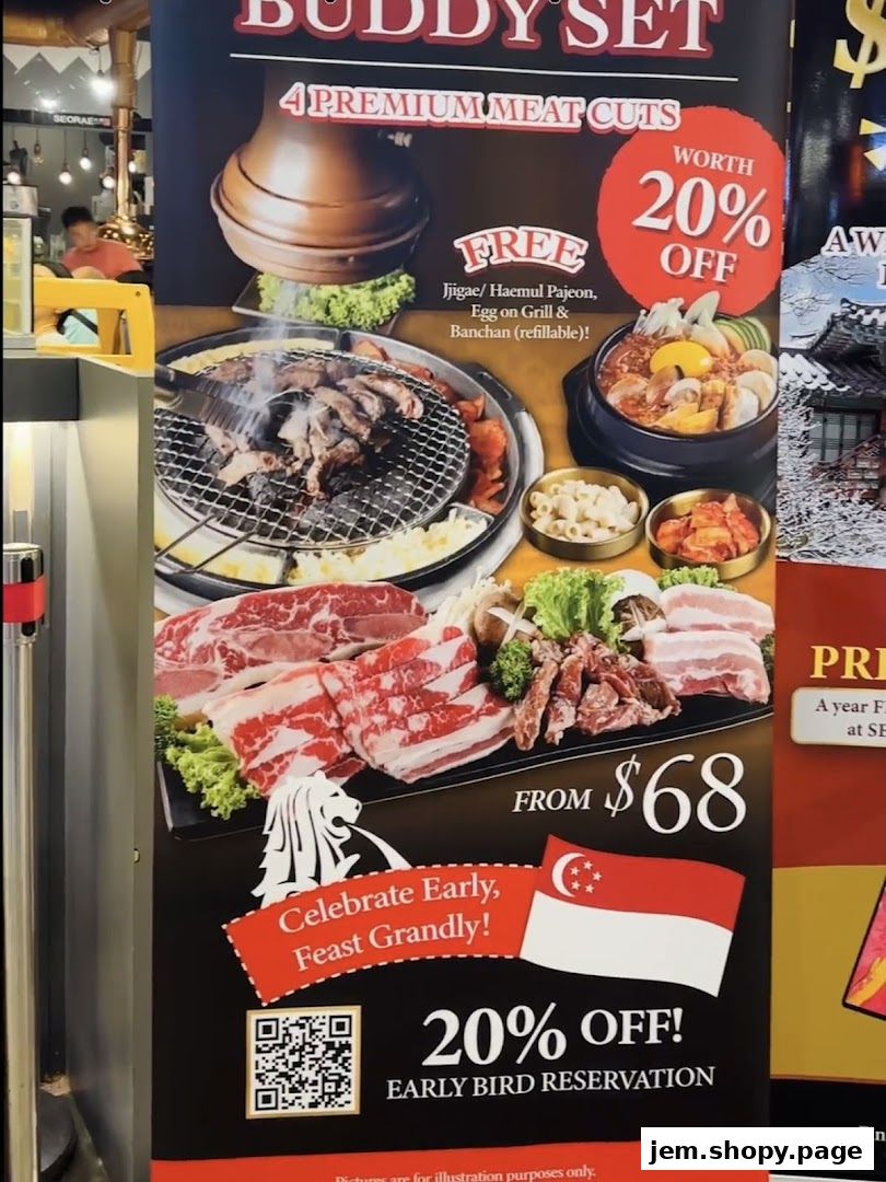 A promotional banner for a Korean BBQ restaurant featuring a Buddy Set with premium meat cuts and free items.
