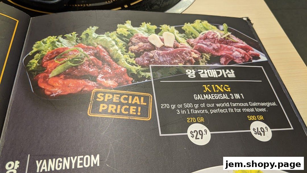 A menu page showcasing a special price for a Korean BBQ meat dish.