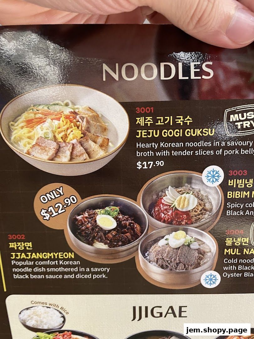 A menu page showcasing various Korean noodle dishes with enticing descriptions and prices.