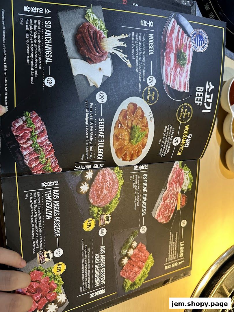 A menu from SEORAE JIB JEM featuring various beef cuts and Korean dishes.