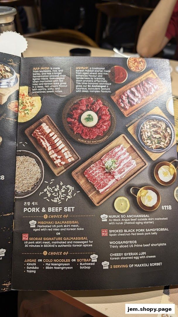 A menu page showcasing Korean pork and beef sets with various meat cuts and side dishes.