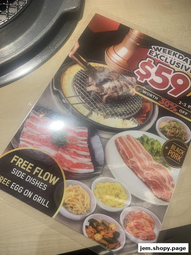 A menu featuring Korean BBQ with free flow side dishes and black pork.