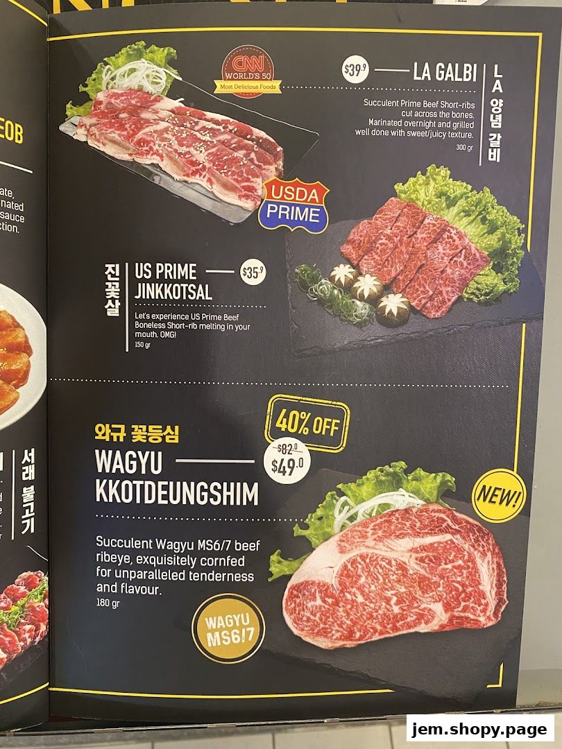 A menu showcasing premium beef cuts like La Galbi, US Prime Jinkkotsal, and Wagyu Kkotdeungshim.