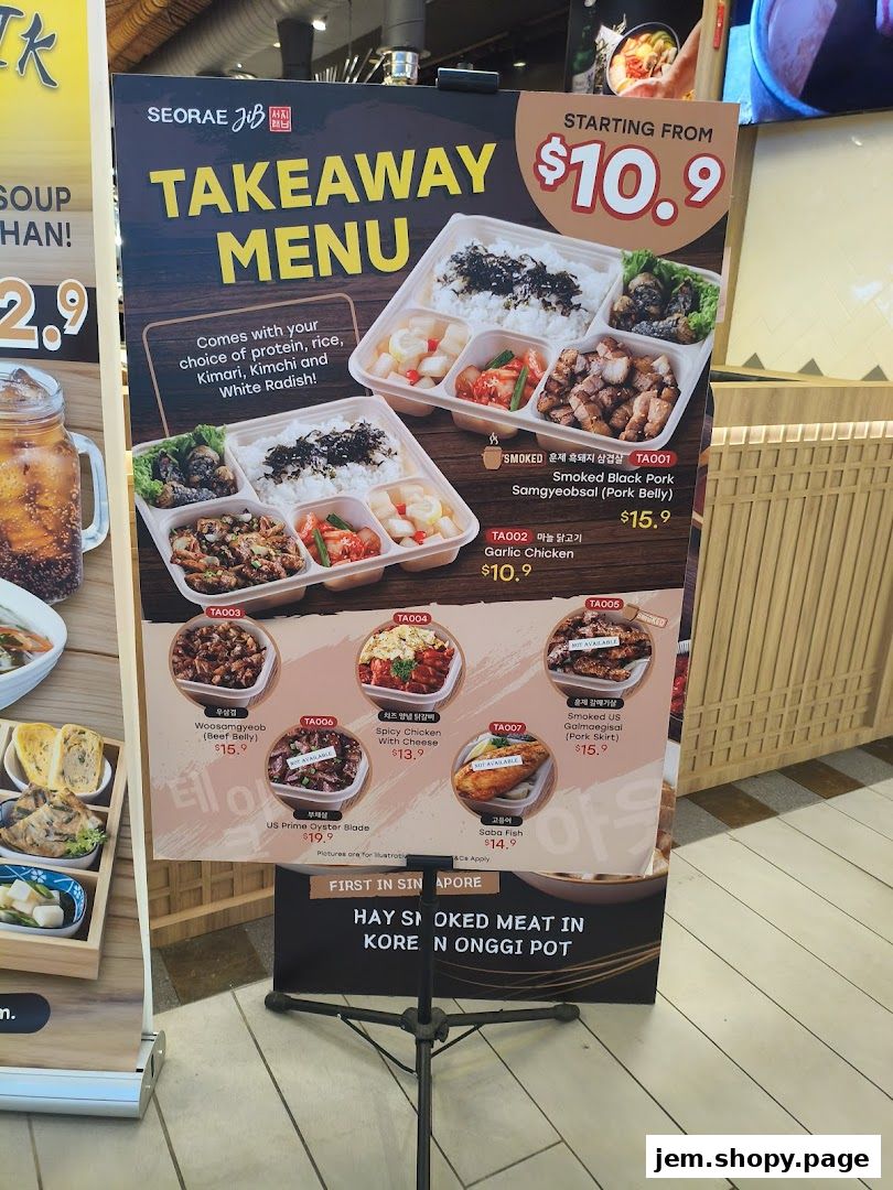 A takeaway menu for SEORAE JIB JEM featuring Korean dishes with prices.