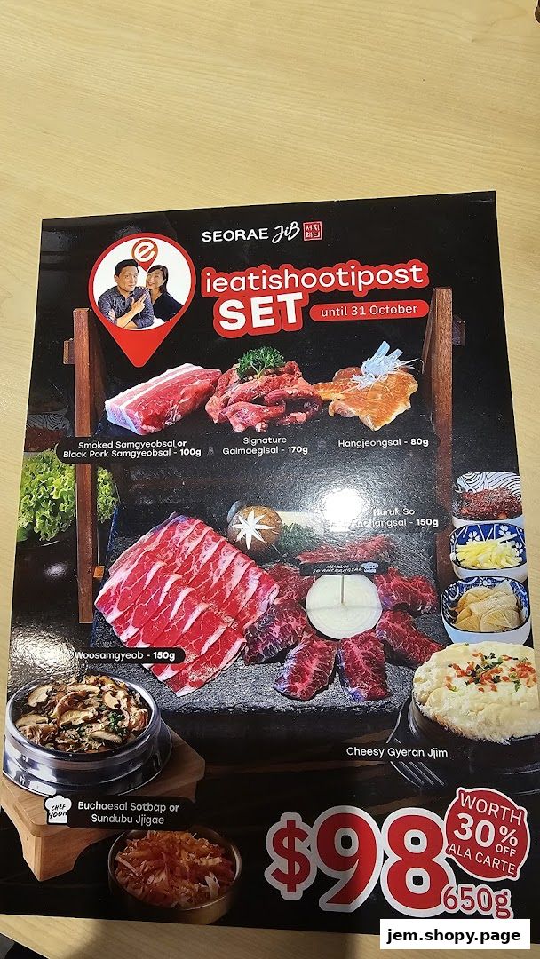 A menu for SEORAE JIB featuring the 'ieatishootipost SET' with various Korean BBQ meats and side dishes.