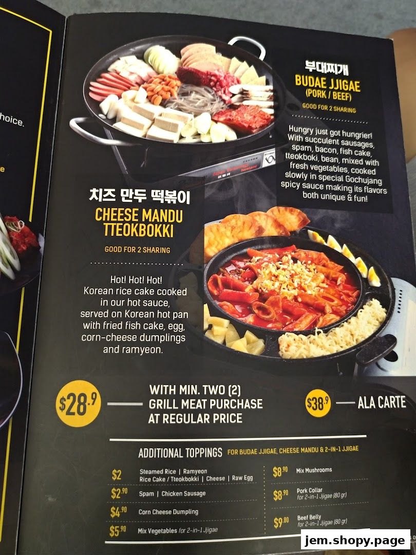 A menu page showcasing Korean dishes like Budae Jjigae and Cheese Mandu Tteokbokki with prices.