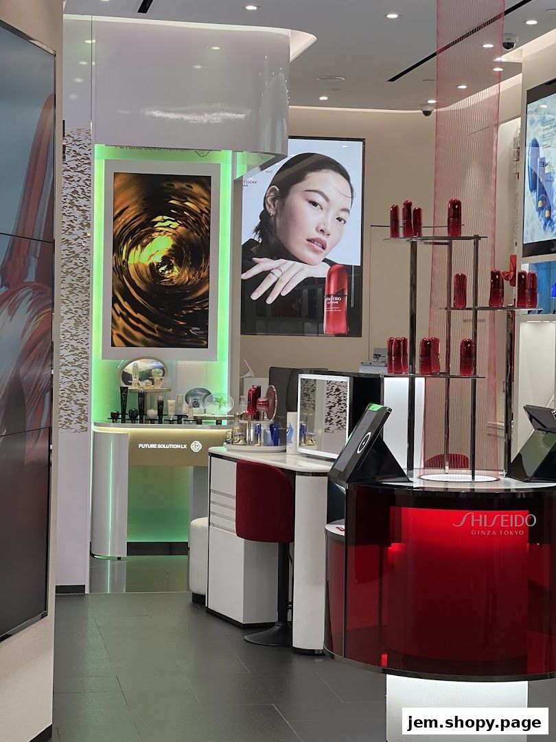 Interior of a Shiseido beauty store with product displays and advertising.