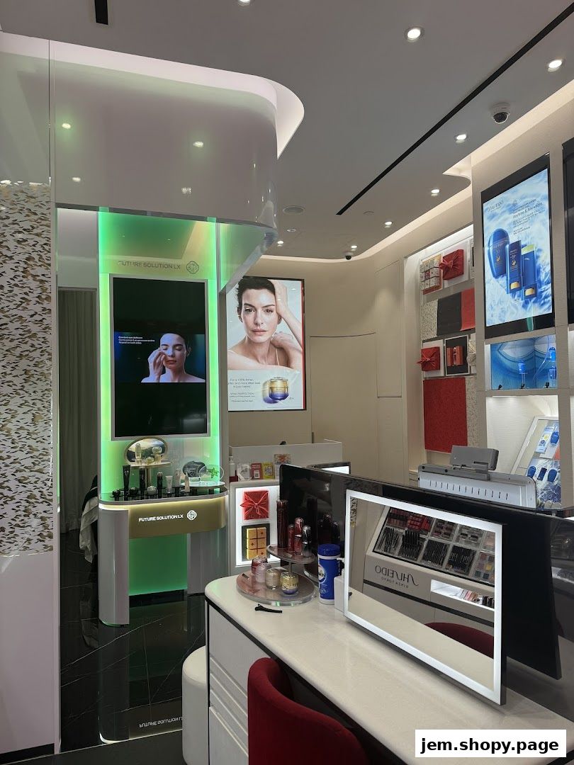 Interior view of a Shiseido cosmetics store showcasing skincare and makeup products.