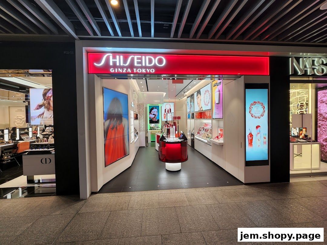 The entrance of a Shiseido Ginza Tokyo cosmetics store with bright displays and products.