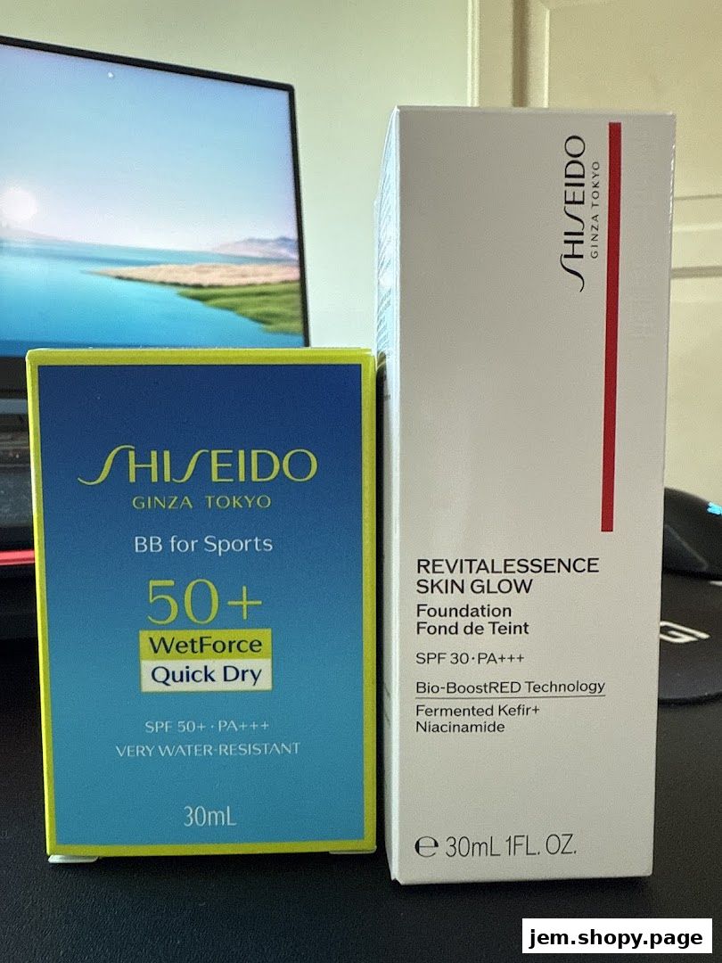 Two Shiseido skincare products, a BB cream and a foundation, are displayed.