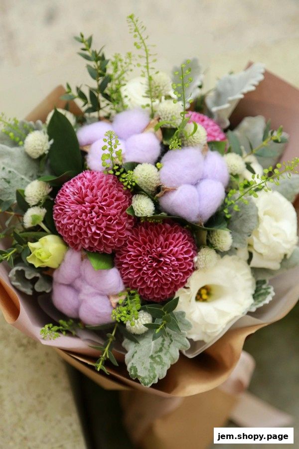 A beautiful bouquet of flowers including pink chrysanthemums, white roses, and cotton balls.