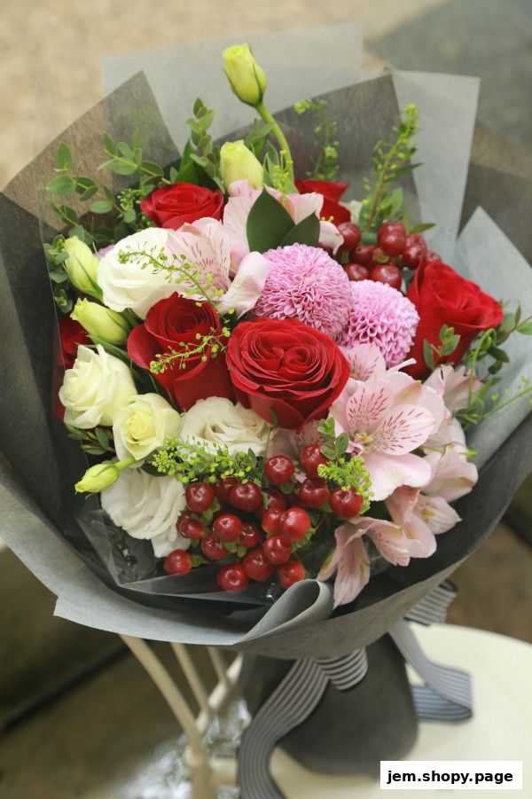 A beautiful bouquet of red roses, white roses, pink alstroemeria, and red berries.