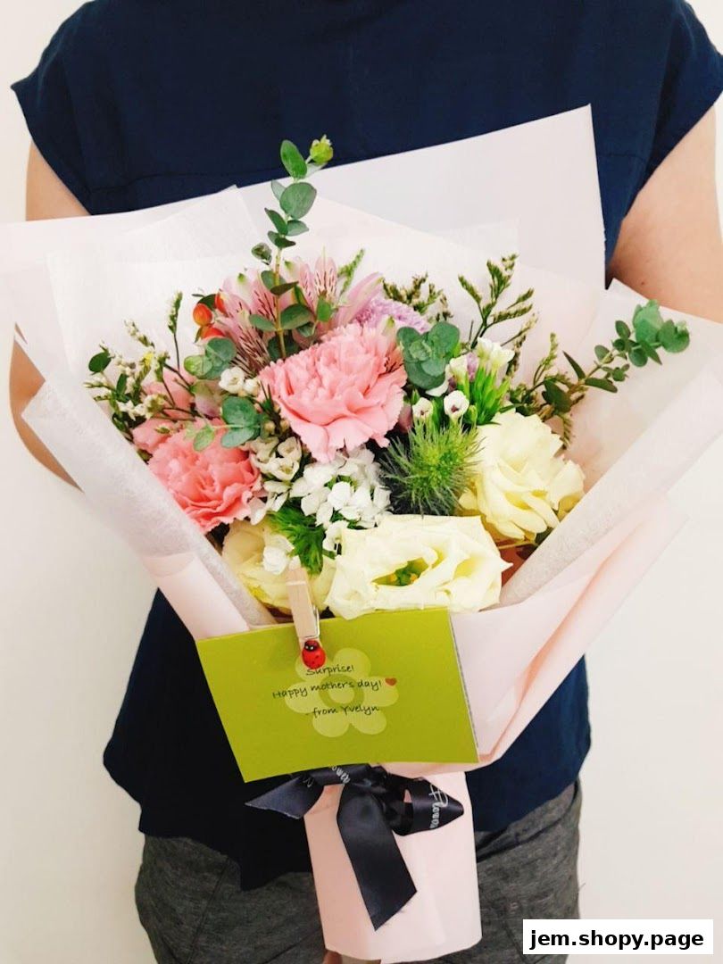 A person holds a beautiful bouquet of flowers with a Mother's Day card attached.
