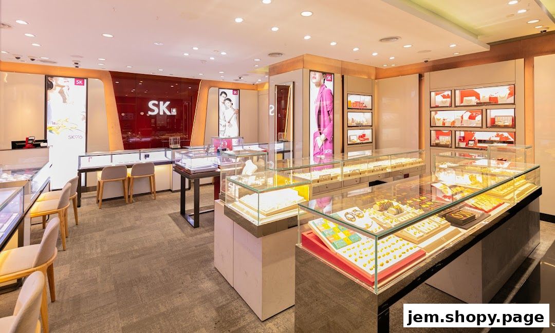 Interior view of a well-lit jewelry store with display cases filled with gold jewelry.
