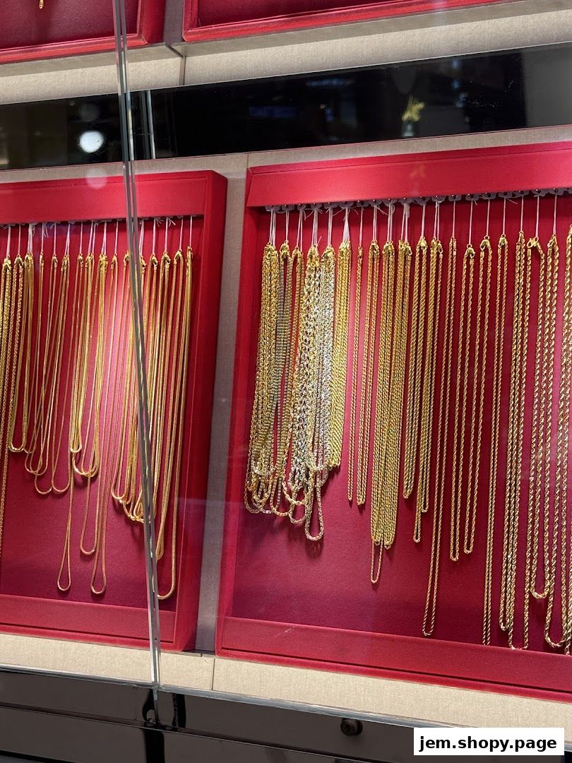 A display of various gold and silver necklaces in a jewelry store.