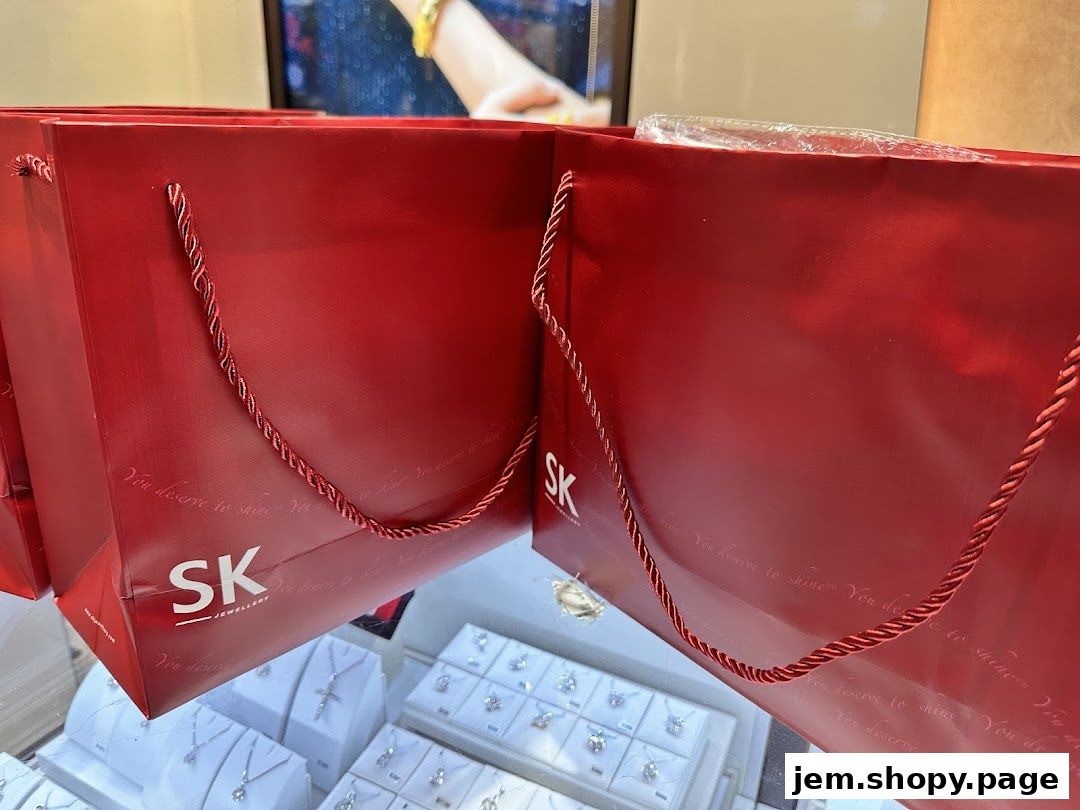 Red shopping bags from SK Jewellery displayed in front of a jewelry display case.